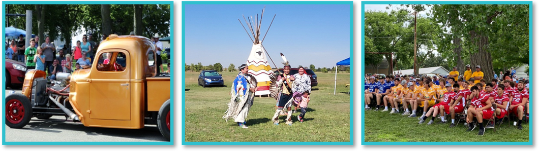An image of 3 photos show a parade, Indian Dance and football players in Mitchell County Kansas.