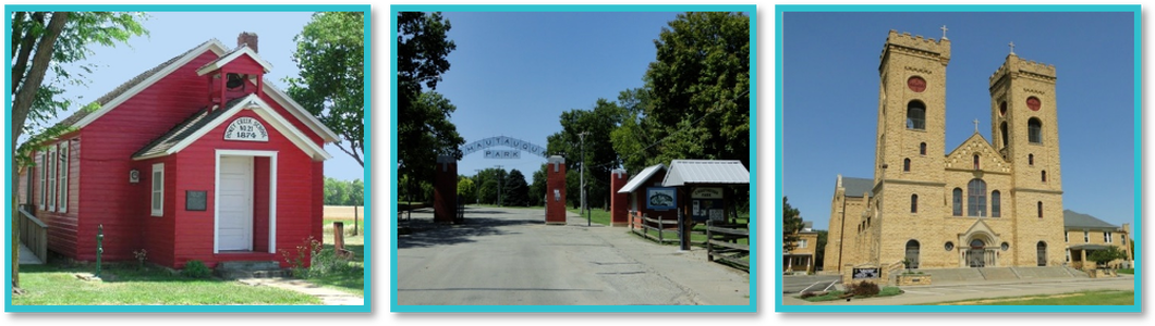 An image of three Beloit Kansas tourist attractions including little red school house, park and catholic church.