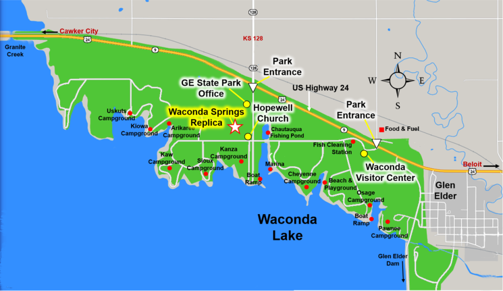 Map of campgrounds and attractions at Glen Elder State Park / Waconda Lake, Glen Elder, KS, Mitchell County Kansas