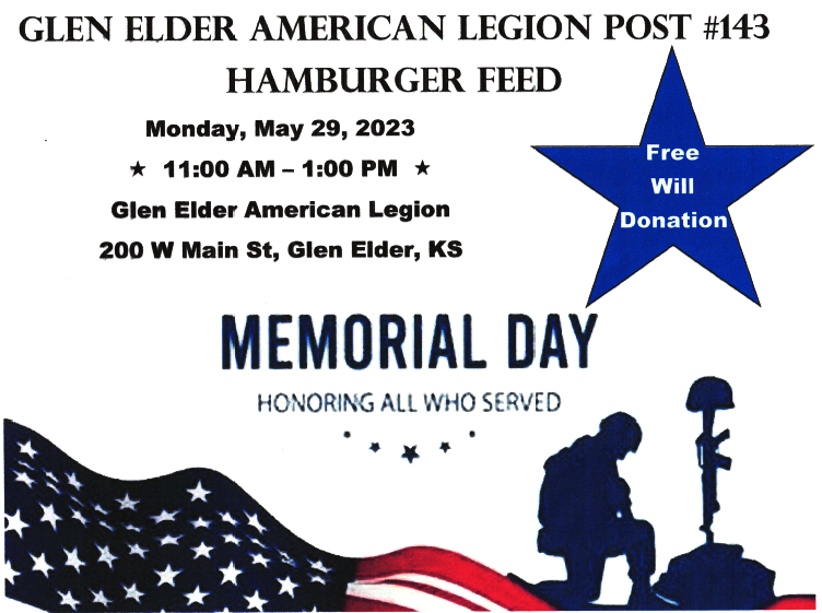 Promo image for Glen Elder, Kansas, American Legion Hamburger feed, Monday, May 29, 2023.