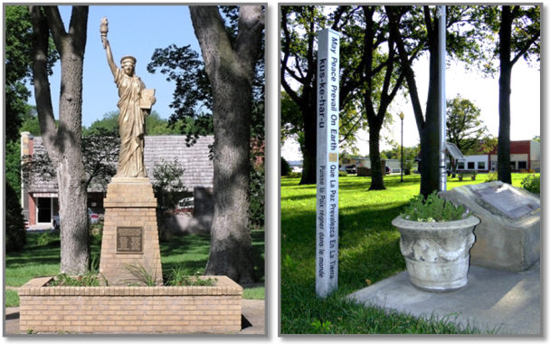 An image including the statue of liberty and peace pole located in Glen Elder's Wilson Neff Park.