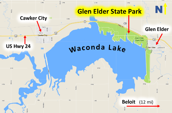 Image of a map showing the location of Glen Elder State Park and Waconda Lake, Mitchell County Kansas