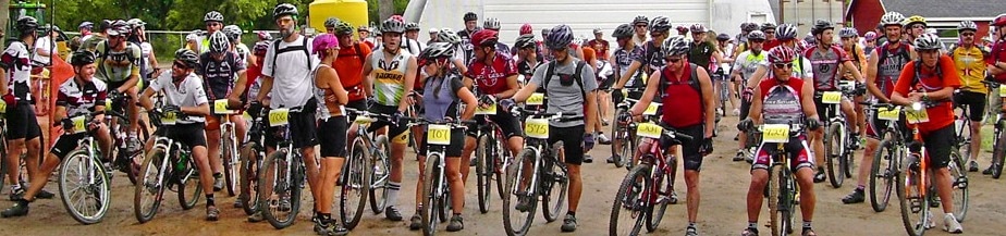 A photo of a very large group of bicyclists getting ready for a race at the Palen Bike Trails, located in Mitchell County Kansas.